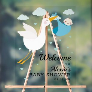 Stork Blue Bundle Boy Baby Shower Welcome Acrylic Sign