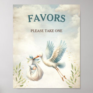 Stork Blue Vintage Boy Baby Shower Favour Poster