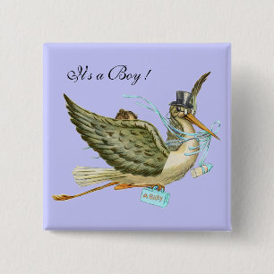 STORK BOY BABY SHOWER Blue 2 Inch Square Button