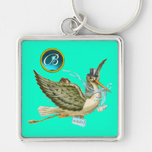 STORK BOY BABY SHOWER BLUE GEM MONOGRAM Teal Green Keychain