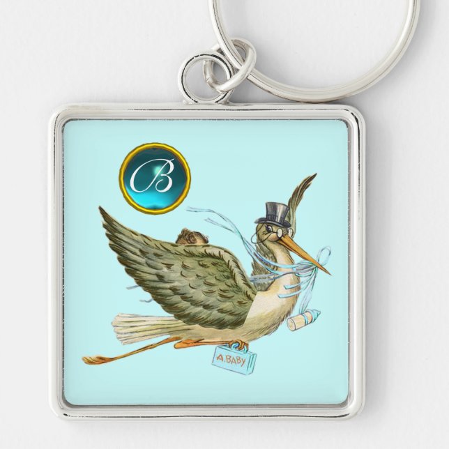 STORK BOY BABY SHOWER BLUE GEM MONOGRAM Teal Keychain (Front)