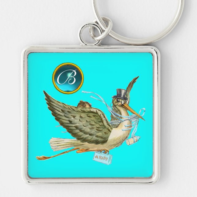 STORK BOY BABY SHOWER BLUE GEM MONOGRAM Turquoise Keychain (Front)