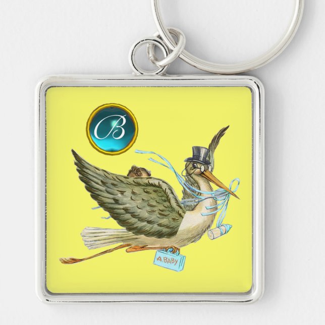 STORK BOY BABY SHOWER BLUE GEM MONOGRAM Yellow Keychain (Front)