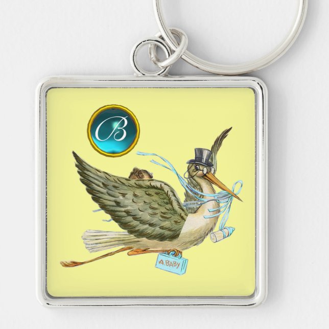 STORK BOY BABY SHOWER BLUE GEM MONOGRAM Yellow Keychain (Front)