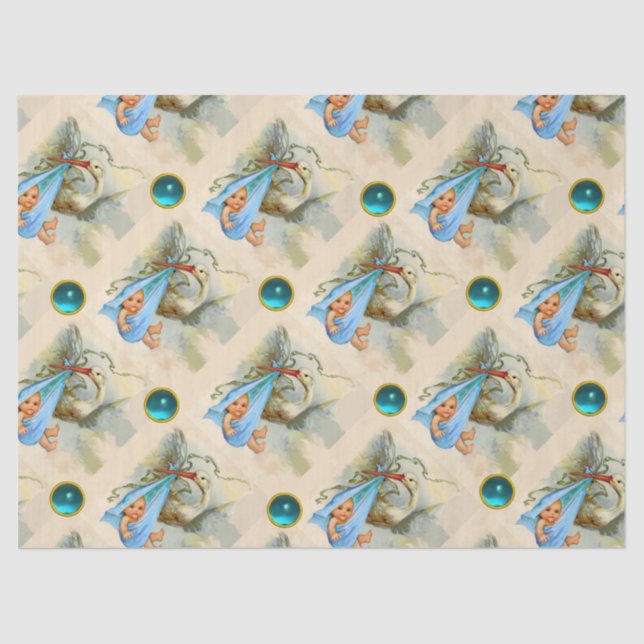 STORK BOY BABY SHOWER BLUE GEMSTONES TISSUE PAPER (Front)