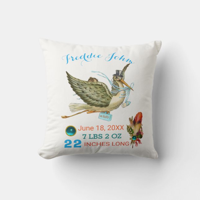 STORK BOY BABY SHOWER Blue White Baby Stats Throw Pillow (Front)