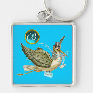 STORK BOY BABY SHOWER BRIGHT BLUE GEM MONOGRAM KEYCHAIN