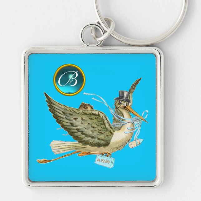 STORK BOY BABY SHOWER BRIGHT BLUE GEM MONOGRAM KEYCHAIN (Front)