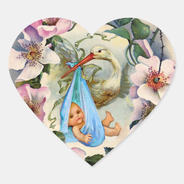 STORK BOY BABY SHOWER CROWN WITH PINK WILD ROSES HEART STICKER (Front)