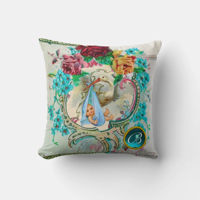 STORK BOY BABY SHOWER Floral Monogram Keepsake Throw Pillow (Front)