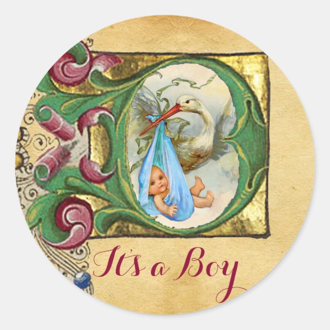 STORK BOY BABY SHOWER FLORAL PARCHMENT MONOGRAM CLASSIC ROUND STICKER (Front)