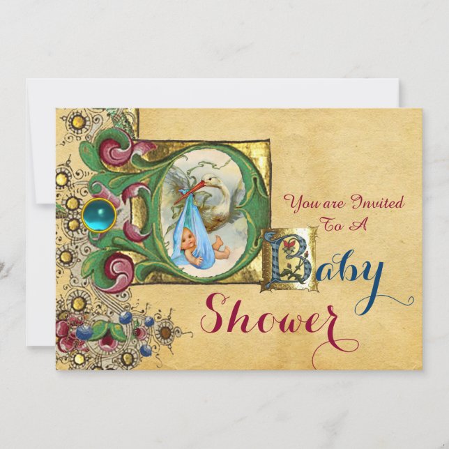 STORK BOY BABY SHOWER FLORAL PARCHMENT MONOGRAM INVITATION (Front)