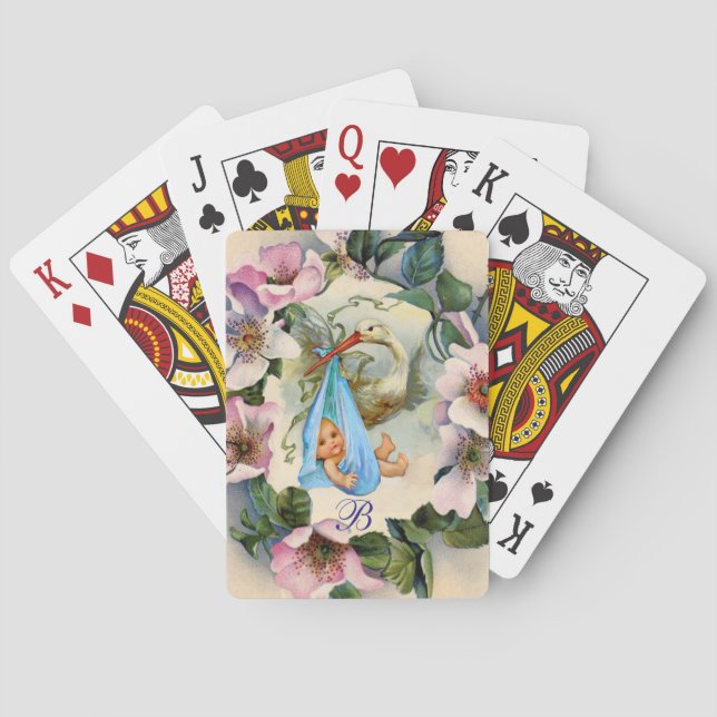 STORK BOY BABY SHOWER ,PINK WILD ROSES MONOGRAM PLAYING CARDS (Back)