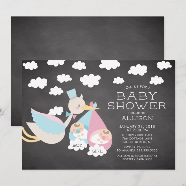 Stork & Boy Girl Twins Baby shower Invitation (Devant / Derrière)