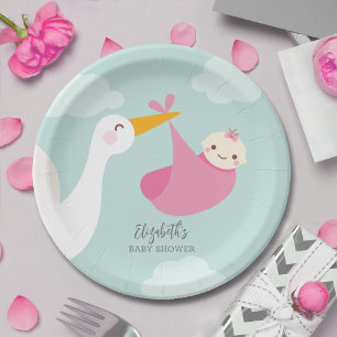 Stork Bundle Girl Baby Shower Paper Plate