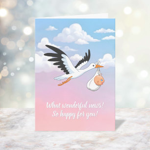Stork Carrying a Baby amid Cloudy Sky Card