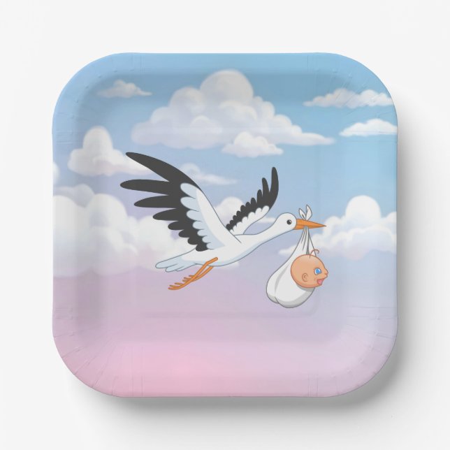 Stork Carrying a Baby Cloudy Sky Paper Plate (Front)