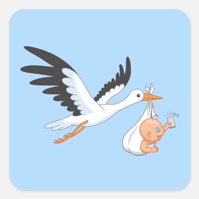 Stork Carrying a Baby Taking First Selfie Blue Square Sticker (Front)