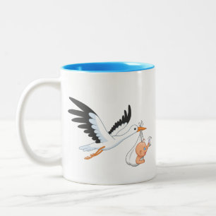 Stork Carrying a Baby Taking First Selfie Blue Two Two-Tone Coffee Mug
