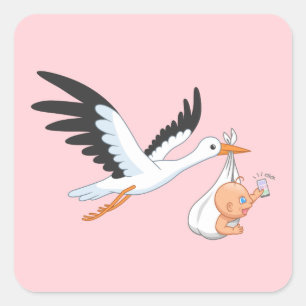 Stork Carrying a Baby Taking First Selfie Pink Square Sticker