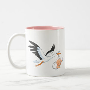 Stork Carrying a Baby Taking First Selfie Pink Two Two-Tone Coffee Mug