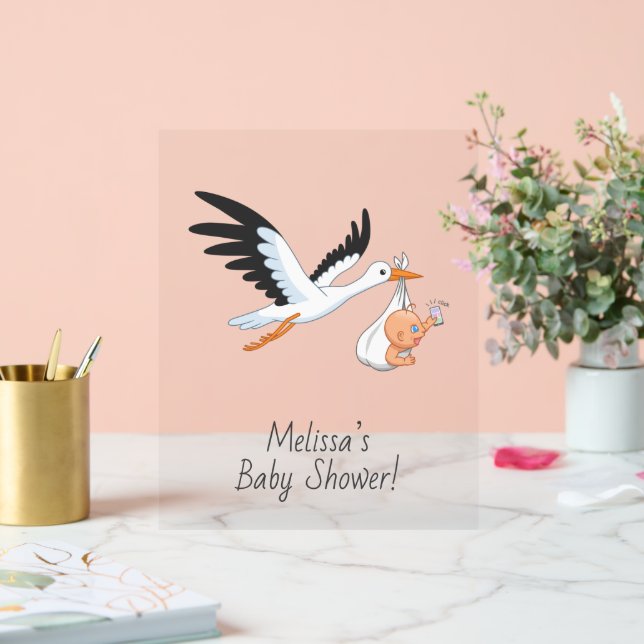 Stork Carrying a Baby Taking Selfie Baby Shower Acrylic Sign (Wedding)