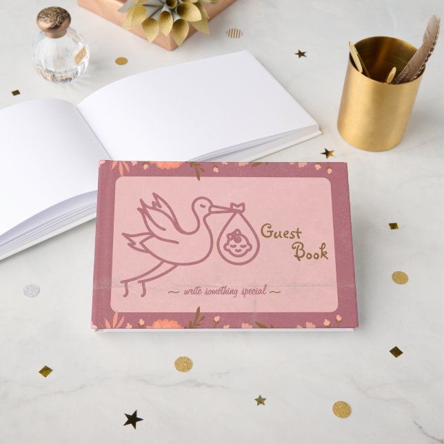 Stork Carrying Baby-Baby Shower Guest Book (Front Open)
