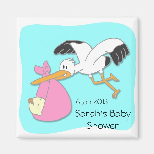 Stork carrying baby cartoon baby shower magnet (Front)