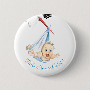 Stork Carrying Baby - Cartoon Drawing -Sweet Fun 2 Inch Round Button