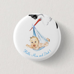 Stork Carrying Baby - Cartoon Drawing Sweet Funny  1 Inch Round Button