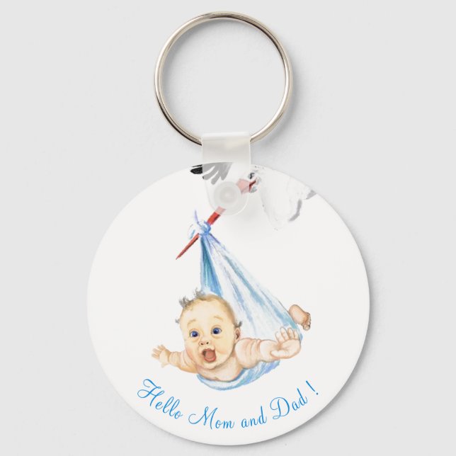 Stork Carrying Baby - Cartoon Drawing Sweet Funny  Keychain (Front)