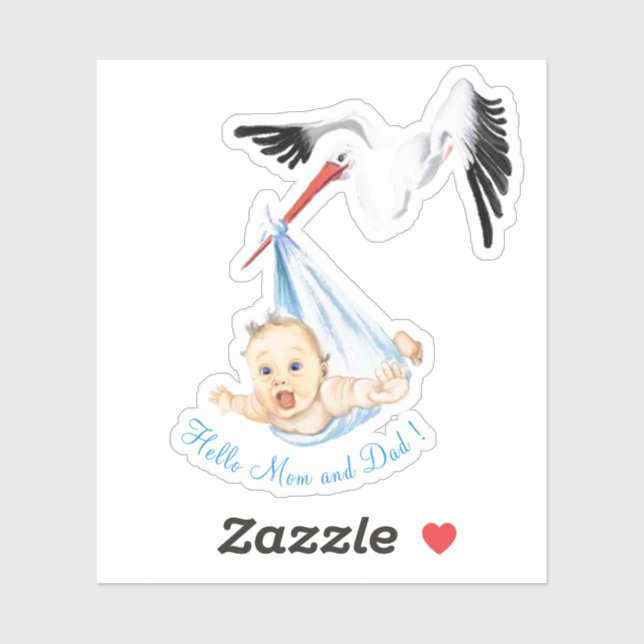 Stork Carrying Baby Funny Sticker with Text (Sheet)