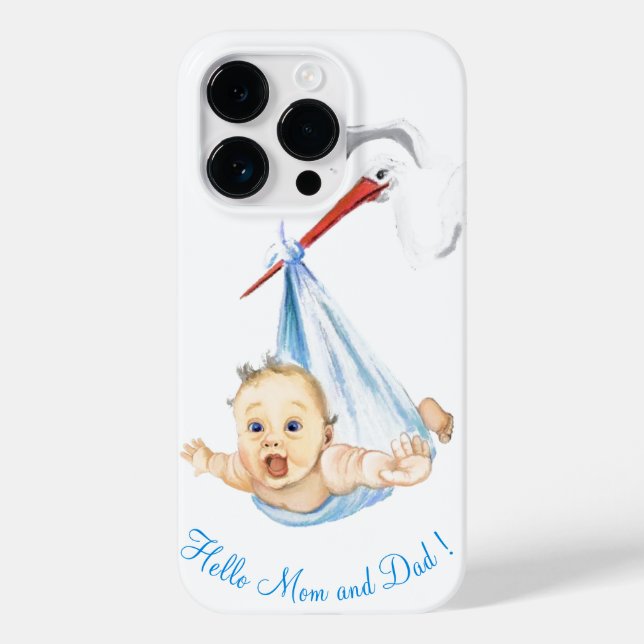 Stork Carrying Baby iPhone Case Hello Mom and Dad (Back)