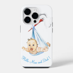 Stork Carrying Baby iPhone Case Hello Mom and Dad