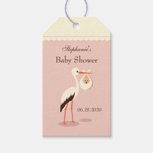 Stork carrying cute baby Baby Shower Gift Tag (Front)