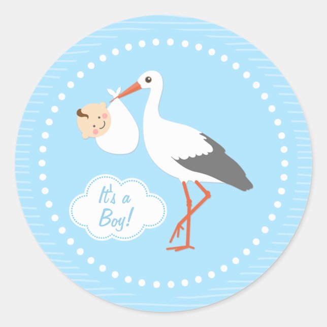 Stork carrying cute baby boy Baby Shower Sticker (Front)
