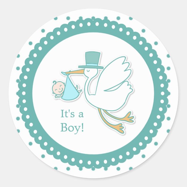 Stork carrying cute baby boy Baby Shower Sticker (Front)