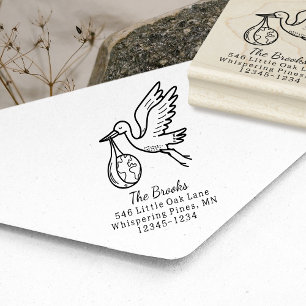 Stork Carrying Earth Return Address Rubber Stamp