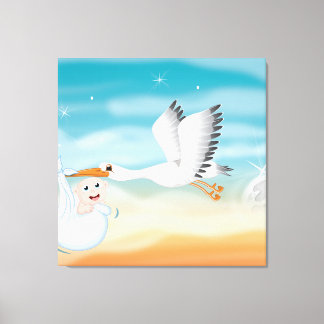 Stork carrying new born Baby Canvas Print