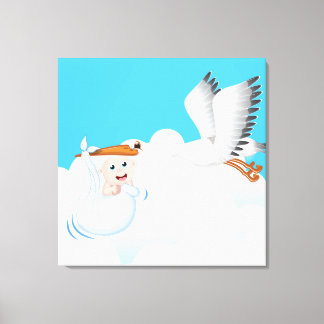 Stork carrying new born Baby Canvas Print