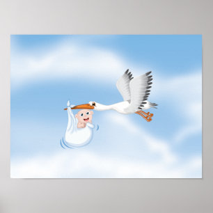 Stork carrying new born Baby Poster