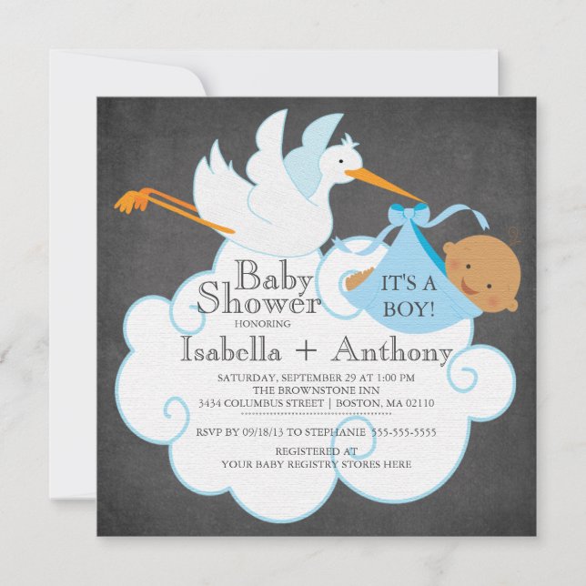 Stork Chalkboard African American Boy Baby Shower Invitation (Front)