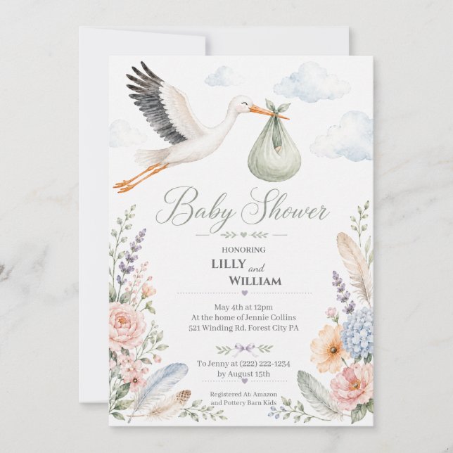 Stork Clouds Baby Shower Vintage Invitation (Front)