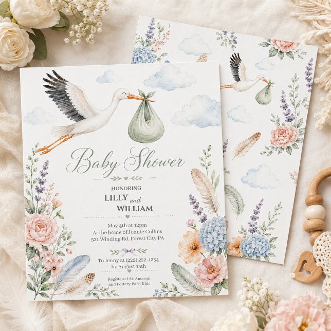 Stork Clouds Baby Shower Vintage Invitation (Creator Uploaded)