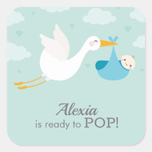 Stork Clouds Blue Boy Bundle Baby Shower Square Sticker