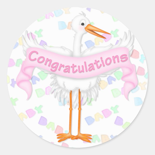 Stork Congratulations Sticker (Pink) (Front)