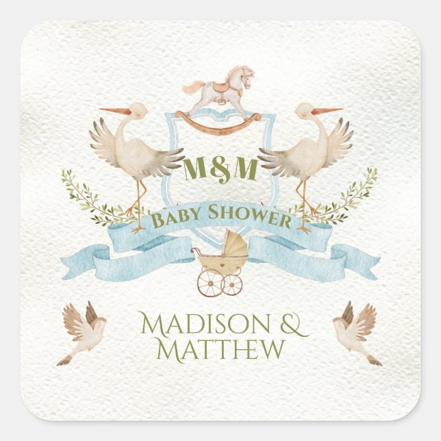 Stork Crest Watercolor Baby Boy Shower Square Sticker (Front)