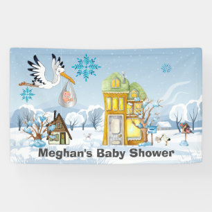 Stork delivering baby to home in winter banner