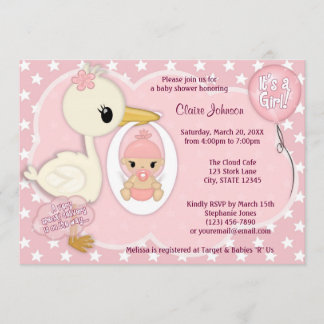 Stork Delivery baby shower invitation GIRL PINK 1A