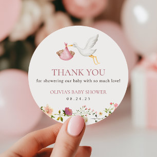 Stork Delivery Pink Floral Girl Baby Shower Favour Classic Round Sticker